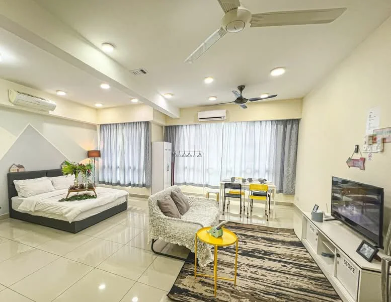 Living features: queen-size bed with white bedding, 2-seater fabric sofa in light grey, coffee table with yellow top, TV console with wall-mounted TV, area rug with geometric pattern, dining table for 4 with yellow chairs, floor-to-ceiling windows with sheer curtains, white painted walls, recessed downlights, ceiling fan with light, air conditioning unit, fridge; style: modern.