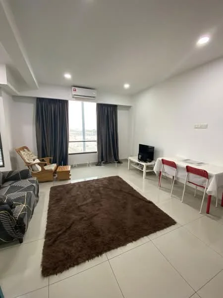 Living features: grey fabric 3-seater sofa, wooden armchair, white coffee table, TV console, wall-mounted TV, area rug in brown, white walls, recessed downlights, floor-to-ceiling windows, curtains in dark grey, air conditioning unit; style: modern; view: city.