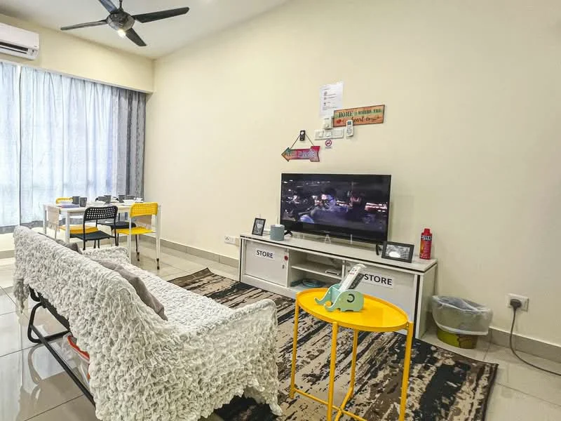 Living features: 3-seater fabric sofa in white, yellow side table, TV console with storage, wall-mounted TV, area rug with geometric pattern, floor-to-ceiling windows with sheer curtains, ceiling fan, decorative wall art, plastic waste bin; style: modern. Dining features: 4-seater dining table, black and white checkered chairs, yellow chairs, decorative wall signage; style: modern.