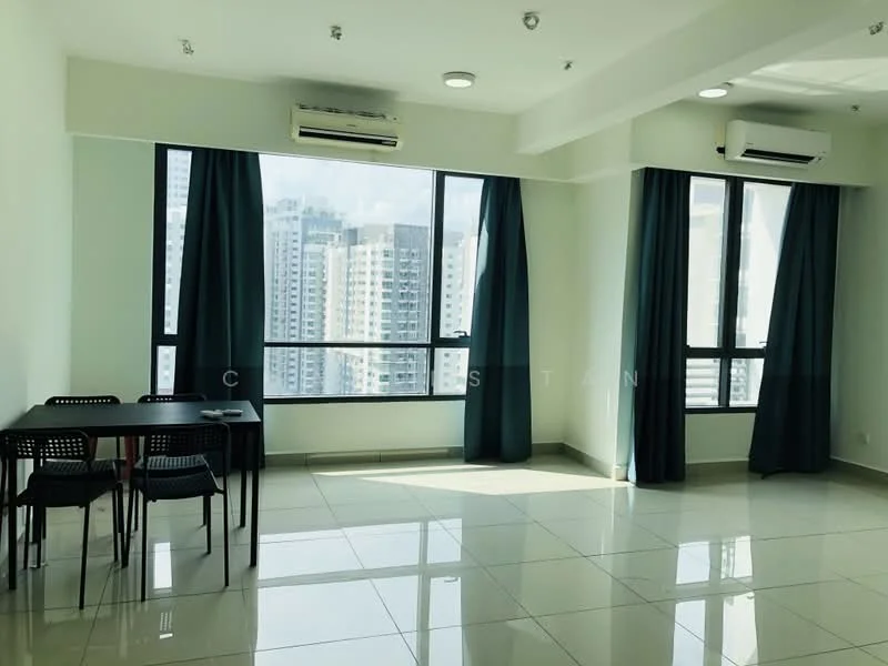 Living features: floor-to-ceiling windows, grey curtains, white painted walls, polished ceramic tile flooring, 2 wall-mounted split AC units, dining table with 4 chairs, natural light from windows, city skyline view; style: modern; view: city.
