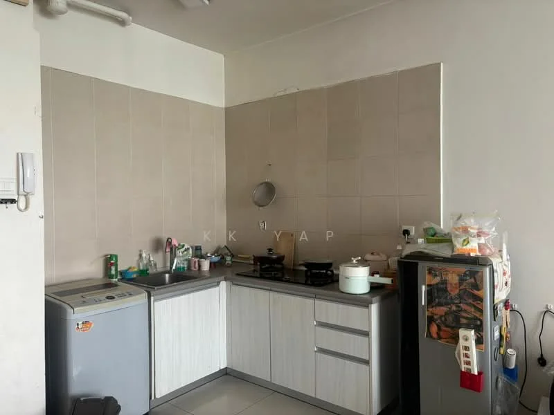 Kitchen features: white cabinetry, grey tiled backsplash, stainless-steel sink, chrome faucet, built-in gas stove with two burners, washing machine, refrigerator, countertop space, ceramic tile flooring, wall-mounted shelves, various kitchen utensils and containers; style: modern.