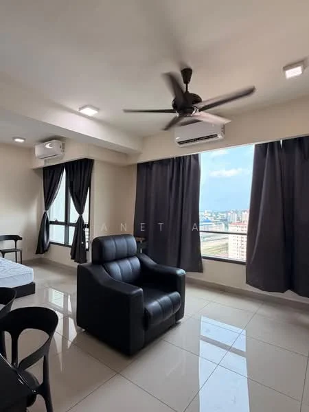 Living features: black leather armchair, 5-blade ceiling fan with light, floor-to-ceiling windows, grey curtains, white walls, glossy tile flooring, wall-mounted split AC, city view; style: modern; view: city.