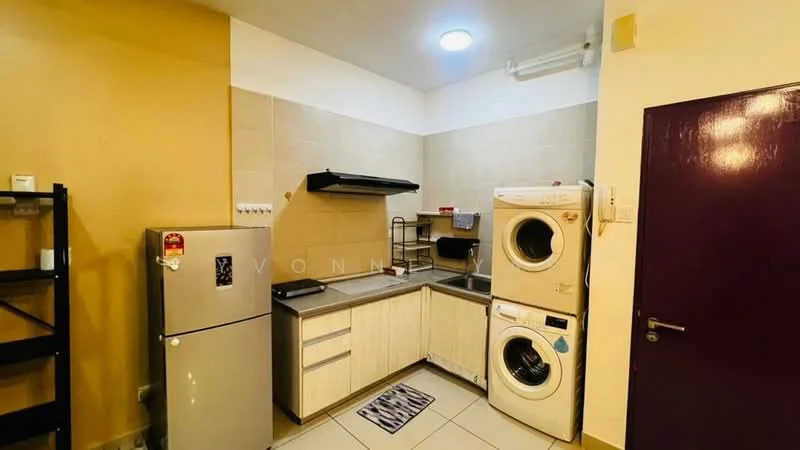 Laundry features: white cabinetry, grey countertop, stainless-steel fridge, built-in washing machine, built-in dryer, black range hood, tile flooring, recessed ceiling lights, cream painted walls; style: modern.