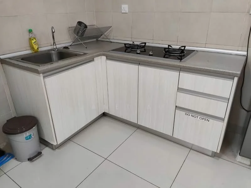 Kitchen features: single-bowl stainless-steel sink, chrome pull-down faucet, 2-burner gas hob, grey laminate countertop, light wood cabinetry, drawer with label 'DO NOT OPEN', open shelving, white tiled backsplash, white tiled flooring, wall-mounted dish rack, recycling bin; style: modern.