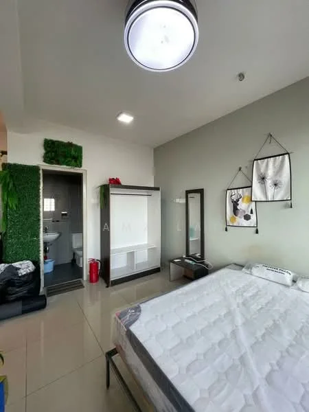 Bedroom features: queen-size bed, upholstered headboard, white bedding, wooden bed frame, floor-to-ceiling mirror, built-in wardrobe, decorative wall art, greenery wall decoration, recessed ceiling light, tile flooring, window with natural light, blackout curtains; style: modern. Bathroom features: toilet, sink, shower, tile flooring, white walls, window for ventilation.