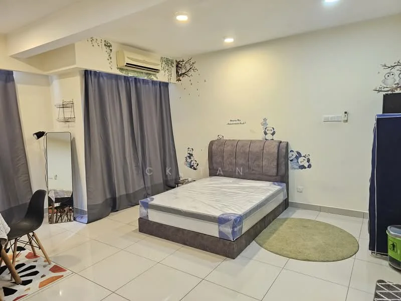 Bedroom features: queen-size bed, upholstered headboard, white walls, grey curtains, tile flooring, air conditioning unit, decorative wall decals, area rug, black dresser, wall-mounted mirror, chair, open shelving; style: modern.