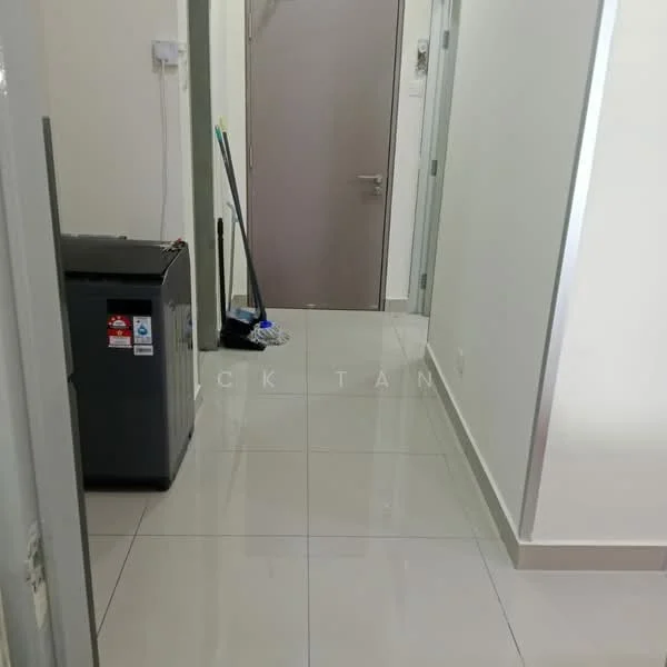 Hallway features: white painted walls, glossy ceramic tile flooring, grey door, door frame, light switch, cleaning supplies, small fridge, broom, mop, wall-mounted electrical outlet; style: modern.
