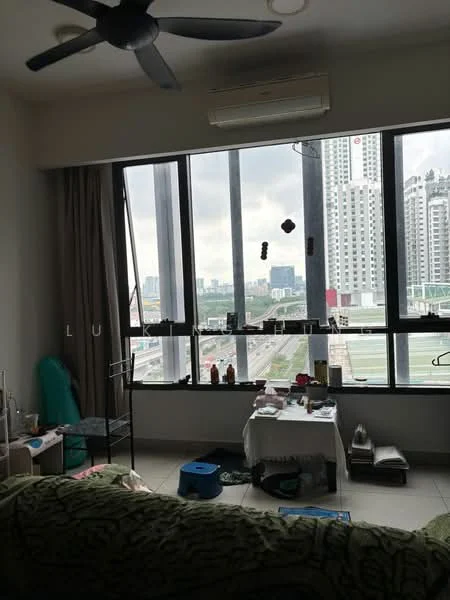 Living features: floor-to-ceiling windows, curtains, ceiling fan, wall-mounted split AC, light-colored walls, tile flooring, green sofa, coffee table, decorative items on table, shelves with items, view of city skyline; style: modern; view: city.