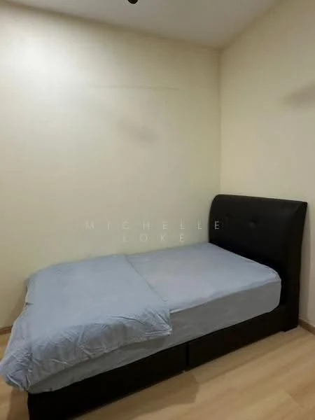 Bedroom features: single bed, upholstered headboard, light-colored bedding, wooden flooring, cream painted walls, ceiling light fixture.