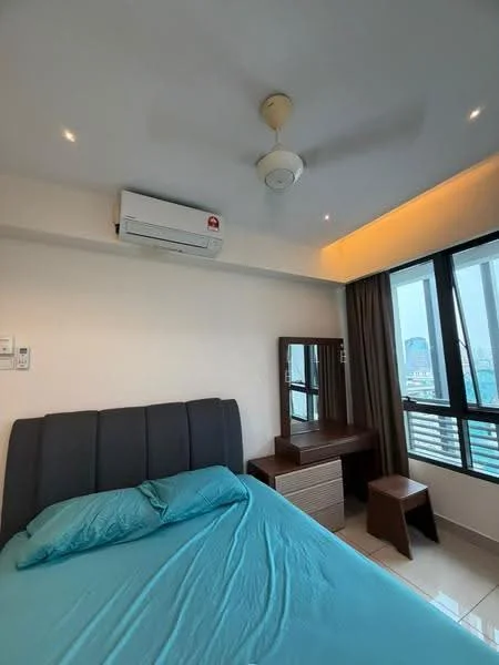 Bedroom features: queen-size bed with grey upholstered headboard, light blue bedding, 1 bedside table, dressing table with mirror, 1 wall-mounted split AC unit, ceiling fan, floor-to-ceiling windows, curtains, tile flooring, recessed downlights; style: modern; view: city.