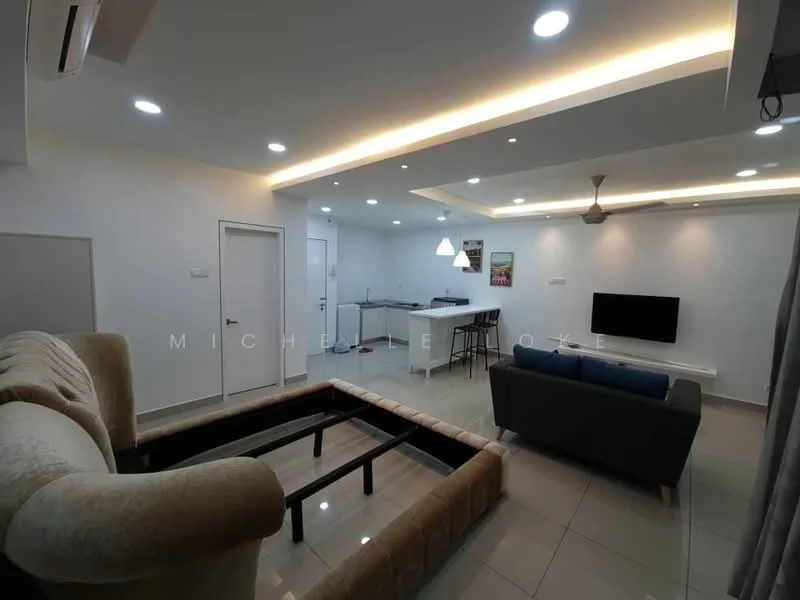 Living features: cream fabric sofa, 2-seater grey fabric sofa, glass coffee table, wall-mounted TV, recessed downlights, ceiling fan, white painted walls, tile flooring, open-plan layout, kitchen island with seating, pendant lighting, sliding door, window with sheer curtains; style: modern.