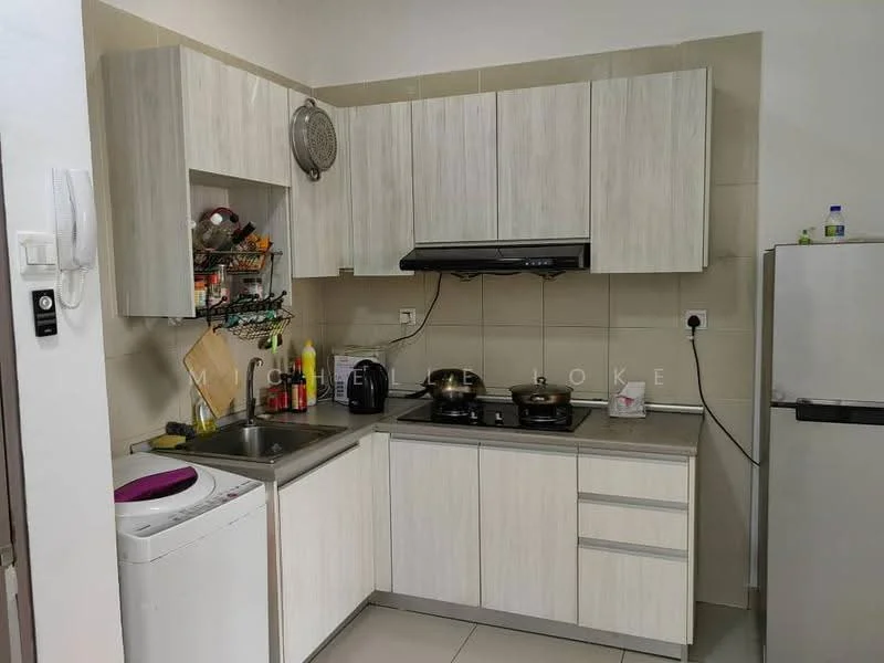 Kitchen features: light wood cabinetry, stainless-steel sink, chrome pull-down faucet, built-in stove with two burners, exhaust hood, microwave, white washing machine, stainless-steel fridge, ceramic tile flooring, white tiled backsplash, open shelving, countertop space, kitchen utensils on rack; style: modern.
