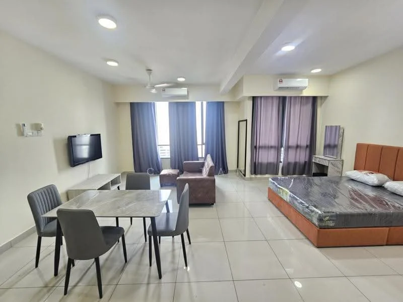 Living features: grey tiled flooring, cream painted walls, 5-blade ceiling fan with light, wall-mounted TV, sofa in brown fabric, dining table with marble top, 4 dining chairs, large windows with sheer curtains, air conditioning unit, mirror on dresser, queen-size bed with mattress, bedside table; style: modern; view: city.