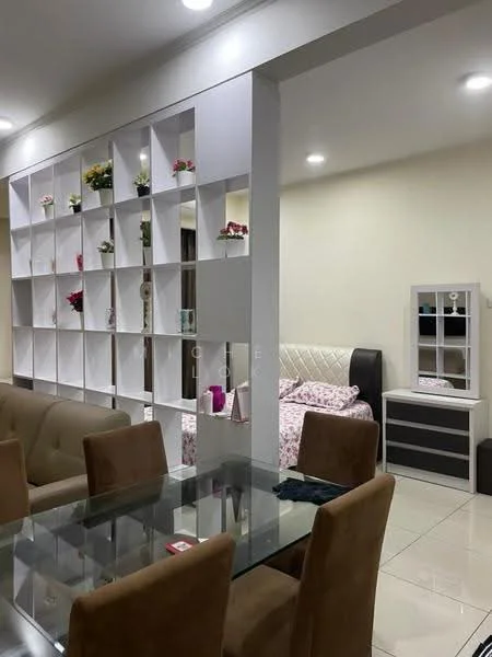 Living features: glass dining table, upholstered dining chairs in beige, white shelving unit with decorative items, plush sofa, decorative wall with flowers, tile flooring, recessed lighting, neutral wall color, bed with patterned bedding visible in background, nightstand with drawers; style: modern.