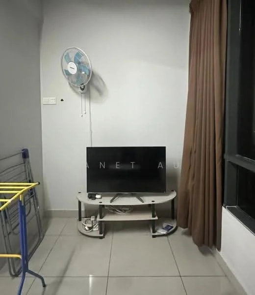 Room features: grey painted walls, ceramic tile flooring, floor-to-ceiling windows, brown curtains, wall-mounted ceiling fan, TV console, wall-mounted TV, clothes drying rack.