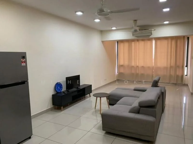 Living features: 3-seater fabric sofa in grey, coffee table, wall-mounted TV, TV console, floor-to-ceiling windows, sheer curtains, 1 wall-mounted split AC, recessed LED downlights, glossy tile flooring, light beige painted walls, decorative wall clock; style: modern.
