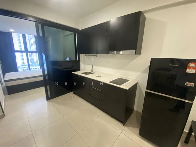 Kitchen features: black cabinetry, white countertop, single-bowl stainless-steel sink, chrome pull-down faucet, built-in stove, refrigerator, tile flooring, floor-to-ceiling windows, open layout, backlit cabinetry; style: modern; view: city.