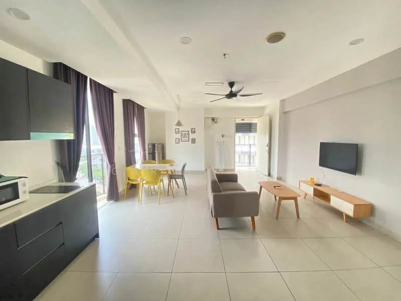 Living features: grey fabric sofa, wood coffee table, wall-mounted TV, white TV console, 5-blade ceiling fan with light, floor-to-ceiling windows, curtains, tile flooring, open layout, dining area with round table and yellow chairs, kitchen with black cabinetry, microwave, sink, countertop; style: modern; view: city.
