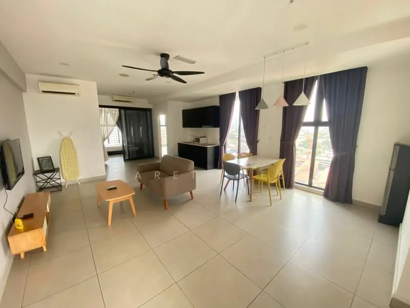 Living features: floor-to-ceiling windows, 2-seater fabric sofa in grey, 3-seater fabric sofa in beige, wooden coffee table, TV console, wall-mounted TV, ceiling fan, recessed downlights, dining table for 4, 4 upholstered dining chairs, light grey tiled flooring, dark curtains, light walls; style: modern; view: city.