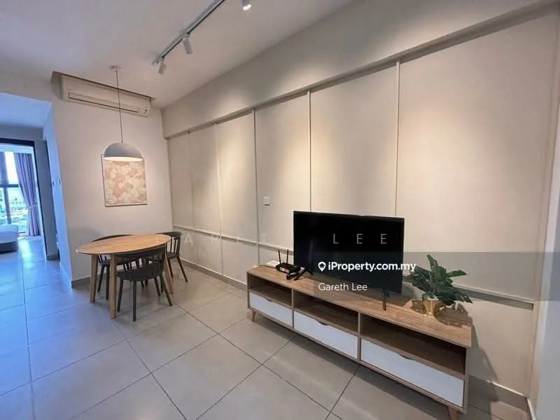 Living features: light grey painted walls, tile flooring, recessed downlights, wall-mounted TV, wooden TV console, round dining table, four wooden dining chairs, indoor plant, air conditioning unit, large window with city view; style: modern; view: city.