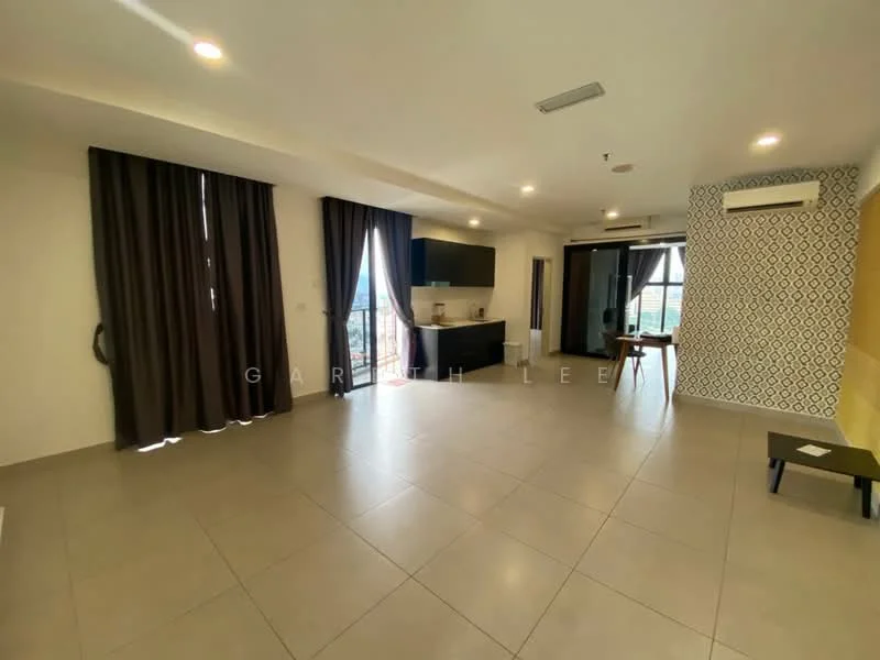 Living features: grey tiled flooring, white painted walls, floor-to-ceiling windows, black wall-mounted TV unit, recessed downlights, dark brown curtains, sheer curtains, air conditioning unit, decorative accent wall with geometric pattern, open layout, small wooden bench; style: modern; view: city.