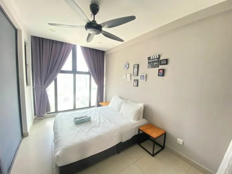 Bedroom features: queen-size bed, white bedding, two bedside tables, ceiling fan, floor-to-ceiling windows, grey painted walls, curtains in dark purple, tile flooring, decorative wall art, wall clock; style: modern; view: city.