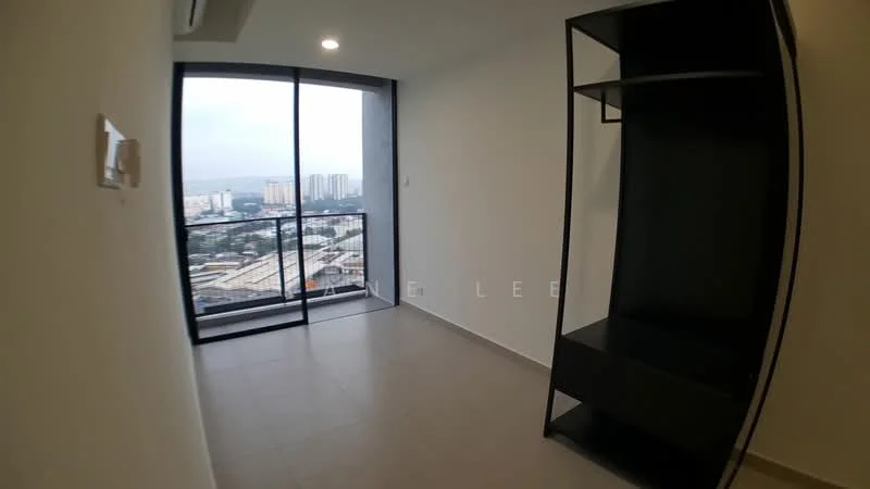 Room features: floor-to-ceiling windows, black shelving unit, grey tiled flooring, white painted walls, recessed downlights, city view, open layout, balcony access; style: modern; view: city.