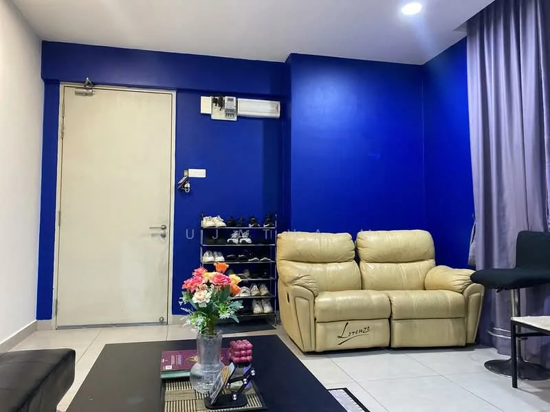 Living features: blue painted walls, white tiled flooring, cream leather sofa, black bar stool, glass coffee table, shoe rack, curtains in grey, wall-mounted air conditioning unit, decorative flower arrangement; style: modern.