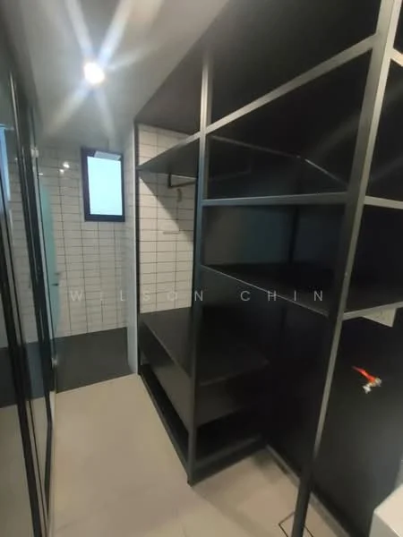 Room features: black open shelving, white tiled walls, grey floor tiles, glass door, small window, minimalist design; style: modern.