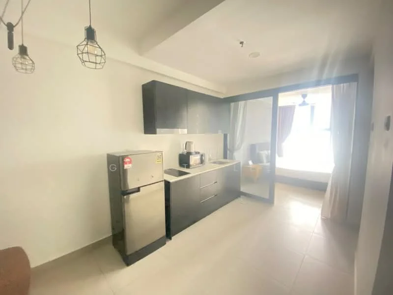 Kitchen features: black cabinetry, stainless-steel fridge, built-in oven, ceramic cooktop, single-bowl stainless-steel sink, chrome pull-down faucet, grey countertop, tile backsplash, pendant lighting, open layout, floor-to-ceiling windows, natural light; style: modern.