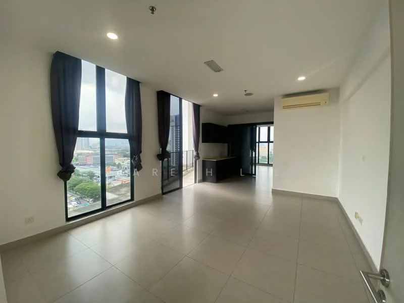 Living features: floor-to-ceiling windows, grey tiled flooring, white painted walls, black sheer curtains, recessed downlights, air conditioning unit, open layout, city view; style: modern; view: city.