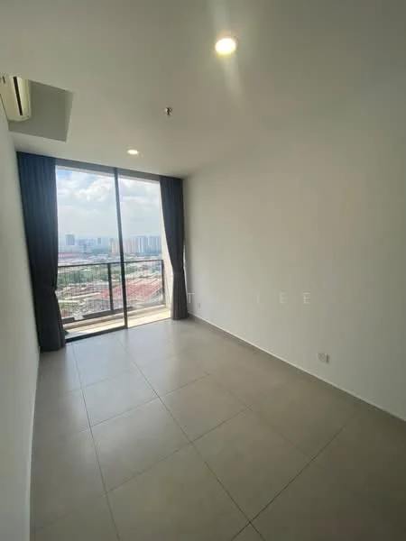 Room features: large floor-to-ceiling windows, grey tiled flooring, white painted walls, curtains, air conditioning unit, city view, recessed ceiling lights; style: modern; view: city.