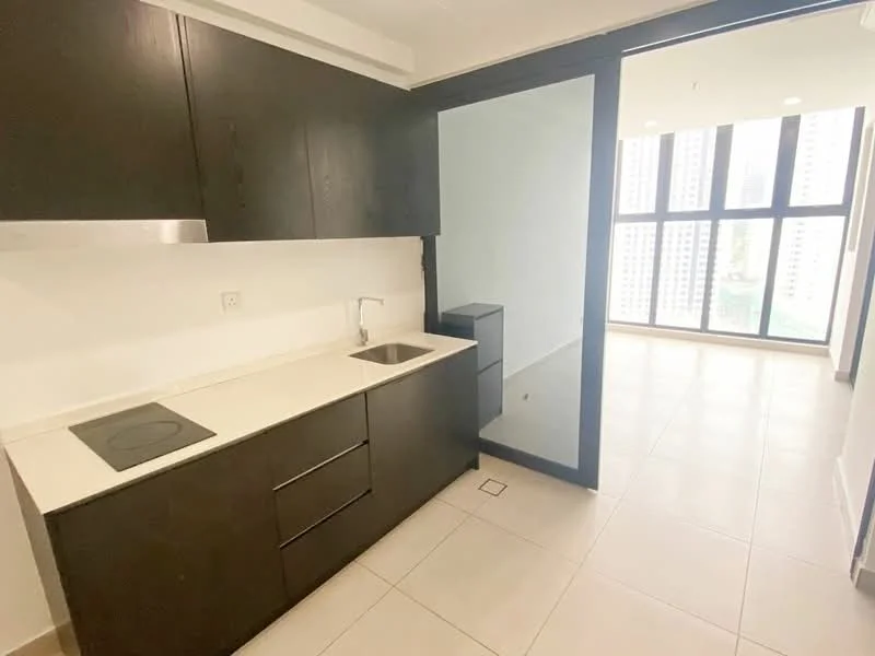 Kitchen features: black cabinetry, white countertop, single-bowl stainless-steel sink, chrome pull-down faucet, built-in induction cooktop, tile flooring, floor-to-ceiling windows, open layout to living area; style: modern; view: city.