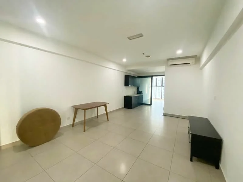 Living features: white painted walls, tile flooring, recessed downlights, large windows with city view, air conditioning unit, wooden dining table, black console table, open layout to kitchen; style: modern; view: city.