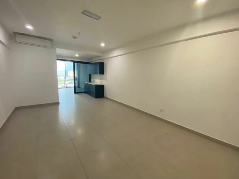 Living features: white painted walls, tile flooring, recessed downlights, floor-to-ceiling windows, sliding glass door, air conditioning unit, open layout, kitchenette with dark cabinetry; style: modern; view: city.