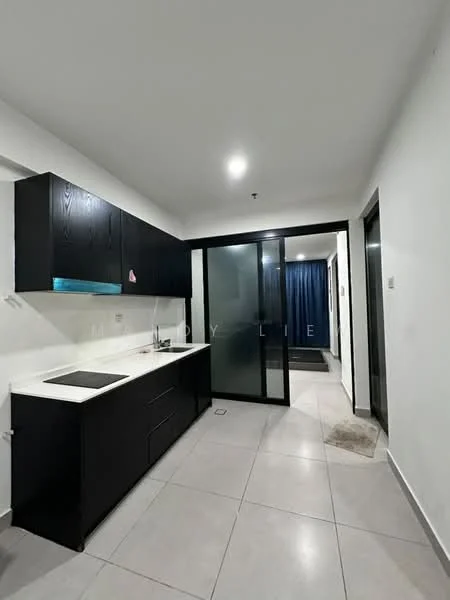 Kitchen features: black cabinetry, white countertop, built-in sink, stainless-steel faucet, ceramic tile flooring, wall-mounted cabinets, open shelving, glass sliding door, recessed lighting; style: modern. Room features: grey tiled flooring, glass door, white walls, dark curtain.