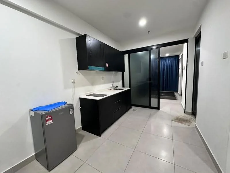 Kitchen features: white countertop, black cabinetry, stainless-steel sink, chrome pull-down faucet, built-in stove, grey fridge, tile flooring, recessed downlights, sliding glass door, open layout; style: modern. Room features: grey tile flooring, white walls, doorway leading to hallway, curtains.