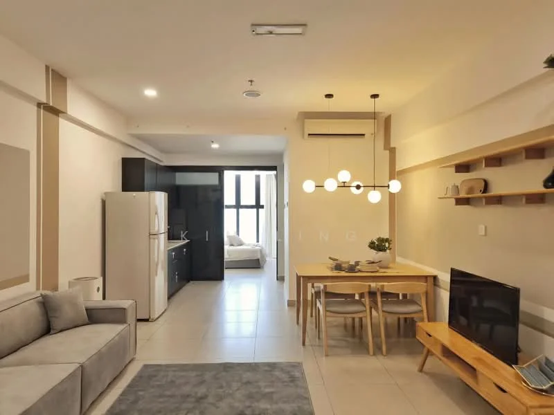 Living features: 3-seater fabric sofa in grey, coffee table, TV console, wall-mounted TV, area rug with geometric pattern, decorative wall shelf, pendant lamp, floor-to-ceiling windows, neutral painted walls, tile flooring, air conditioning unit; style: modern; view: city. Dining features: 6-seater dining table, wooden dining chairs, decorative centerpieces, pendant lighting, neutral painted walls, tile flooring; style: modern; view: city. Kitchen features: black cabinetry, stainless-steel fridge, built-in oven, 4-burner gas hob, black countertop, tile backsplash, sink, open shelving; style: modern; view: city. Room features: neutral painted walls, tile flooring.