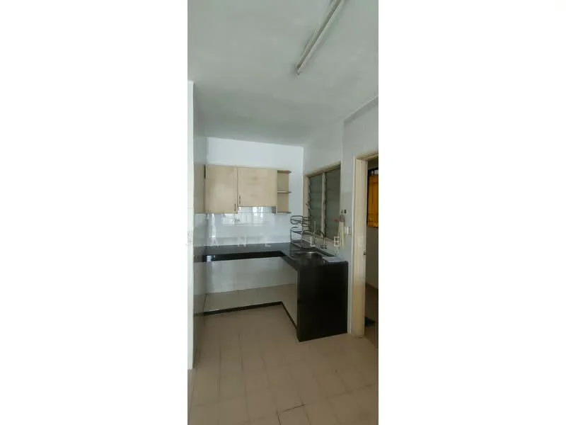 Kitchen features: white cabinets, black countertop, stainless-steel sink, single-bowl sink, chrome faucet, tile flooring, window with view, open layout, wall-mounted cabinets, neutral wall color; style: modern.