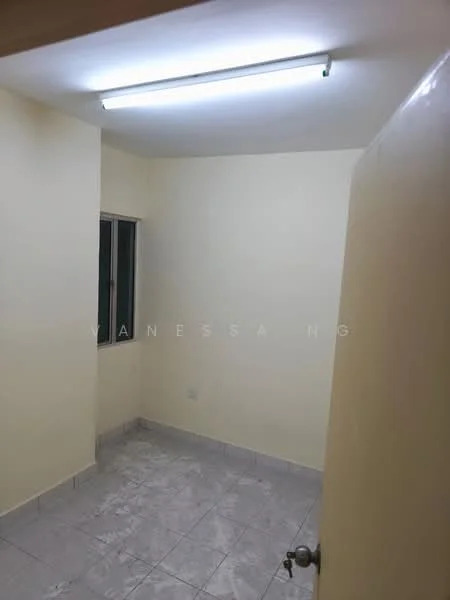 Room features: light grey tiled flooring, cream painted walls, single window, fluorescent ceiling light, no visible furniture.