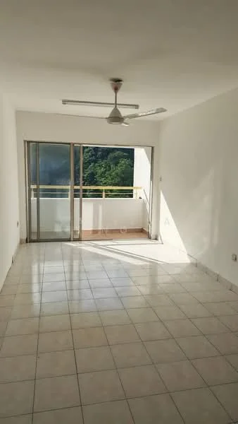 Living features: white painted walls, ceramic tile flooring, 5-blade ceiling fan, floor-to-ceiling sliding glass door, balcony access, natural light from large windows, neutral color scheme, mountain view from balcony; style: modern; view: mountain.