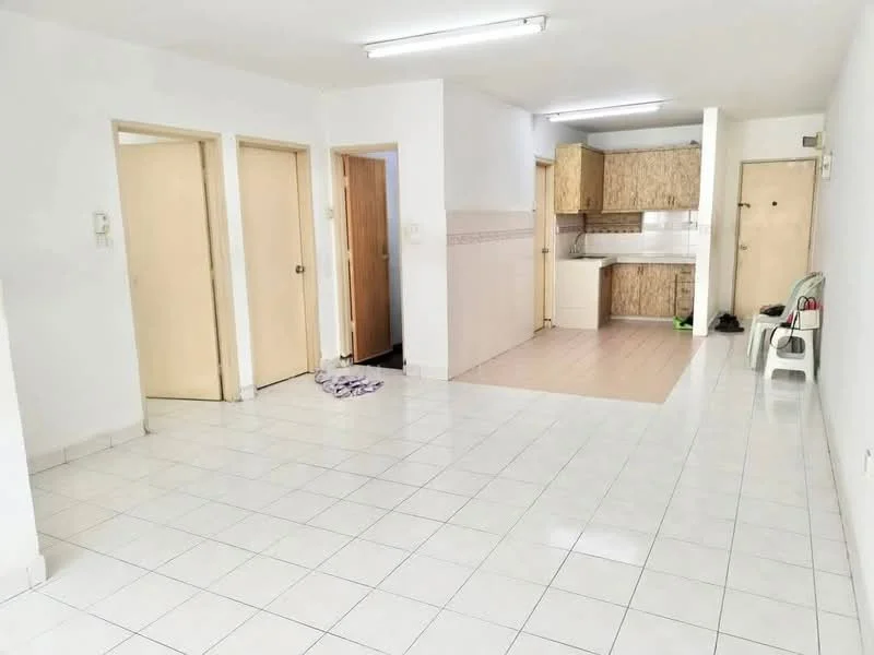 Living features: white painted walls, ceramic tile flooring, recessed ceiling lights, open layout, multiple doorways, kitchen area visible, neutral color scheme, no visible furniture; style: modern. Kitchen features: laminate cabinetry, countertop with backsplash, open layout to living area, no visible appliances, tile flooring, neutral color scheme; style: modern.