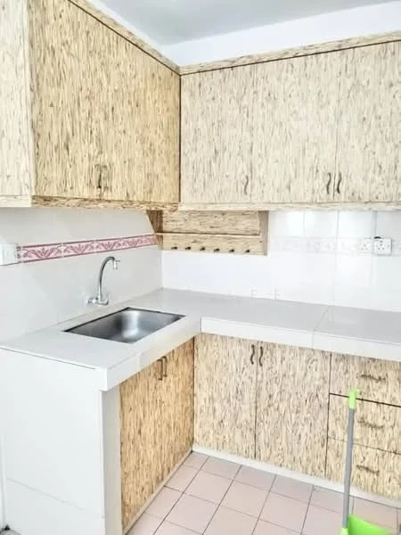 Kitchen features: single-bowl stainless-steel sink, chrome faucet, laminate countertop, wood grain cabinetry, white tiled backsplash, white tiled walls, pink decorative border, ceramic tile flooring; style: modern.
