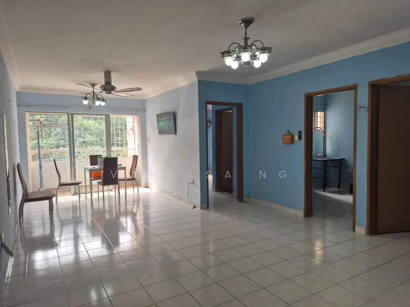 Living features: white tiled flooring, blue painted walls, 5-blade ceiling fan with light, 3-blade ceiling fan, dining table with four chairs, floor-to-ceiling windows, sliding glass door, natural light from windows, decorative wall art, open layout to adjacent rooms; style: modern; view: garden. Dining features: dining table with four chairs; style: modern; view: garden. Room features: doorway to adjacent rooms.