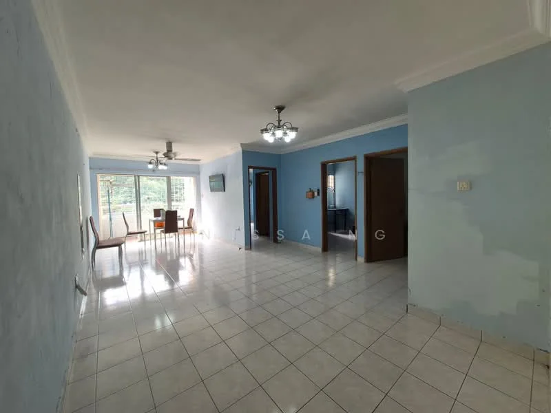 Living features: light blue painted walls, white ceiling with crown moulding, ceramic tile flooring, 5-blade ceiling fan, two pendant lights, large sliding glass door, floor-to-ceiling windows, dining table with four chairs, wall-mounted artwork, two wooden doors, natural light from windows; style: modern; view: garden.