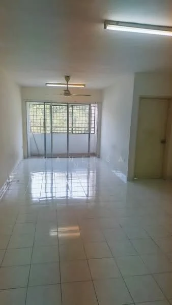 Living features: white painted walls, glossy white tile flooring, ceiling with fluorescent lighting, ceiling fan, large windows with metal grilles, sliding glass door, neutral decor, open layout; style: modern; view: garden.