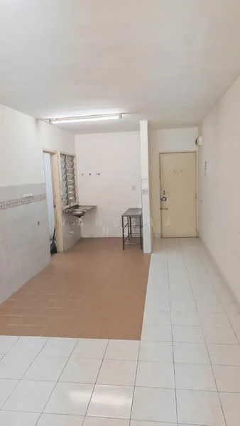 Room features: white painted walls, light-colored tiled flooring, fluorescent ceiling lights, kitchen area with countertop, metal table, door leading to hallway, door leading to outside, window with metal grilles; style: minimalist.