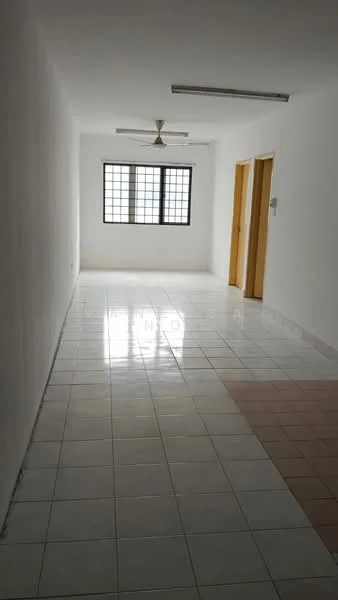 Room features: white painted walls, glossy ceramic tile flooring, ceiling fan, two windows with grid pattern, two wooden doors, fluorescent ceiling lights; style: minimalist.