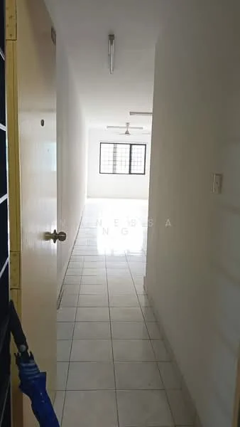 Room features: white painted walls, ceramic tile flooring, 2 ceiling fans, window with grid pattern, door with round knob, light fixture on ceiling.