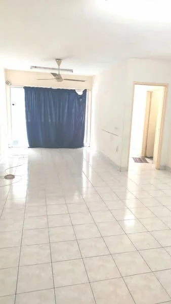 Room features: white painted walls, glossy ceramic tile flooring, 5-blade ceiling fan, blue curtain, doorway leading to another room, large window, neutral color scheme, open layout; style: modern.